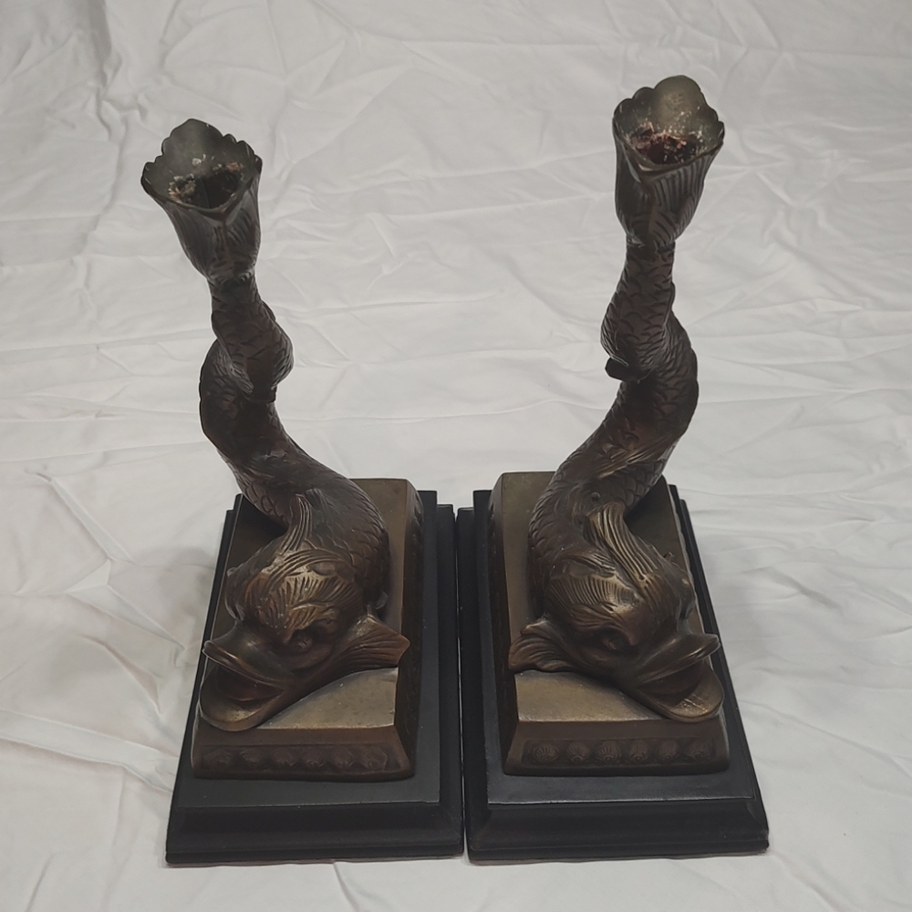 Vintage Chinoiserie Koi Candle Holder Bookends